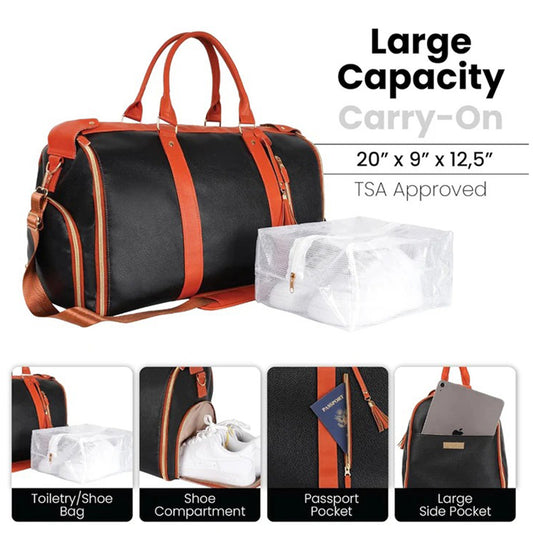 Carry On Leather Bag for Women - Premium Convertible Garment Duffel for Travel, Great as a Garment Bag for Suits and Dresses, with Shoe Pocket and Cute Shoulder Strap