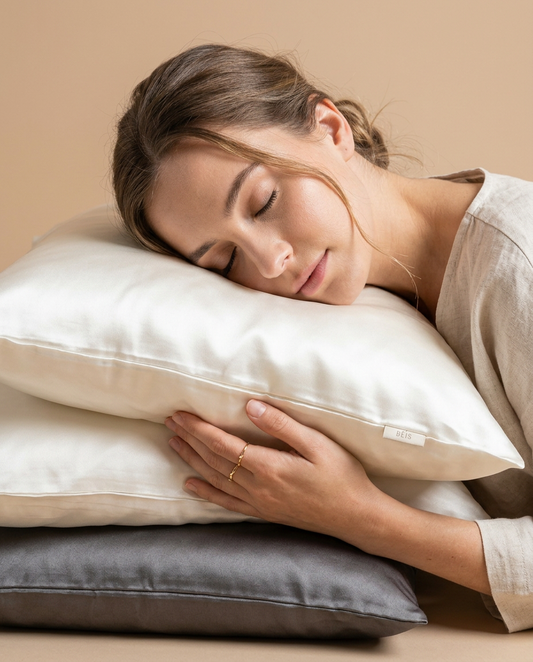 Model resting on satin silk pillowcase