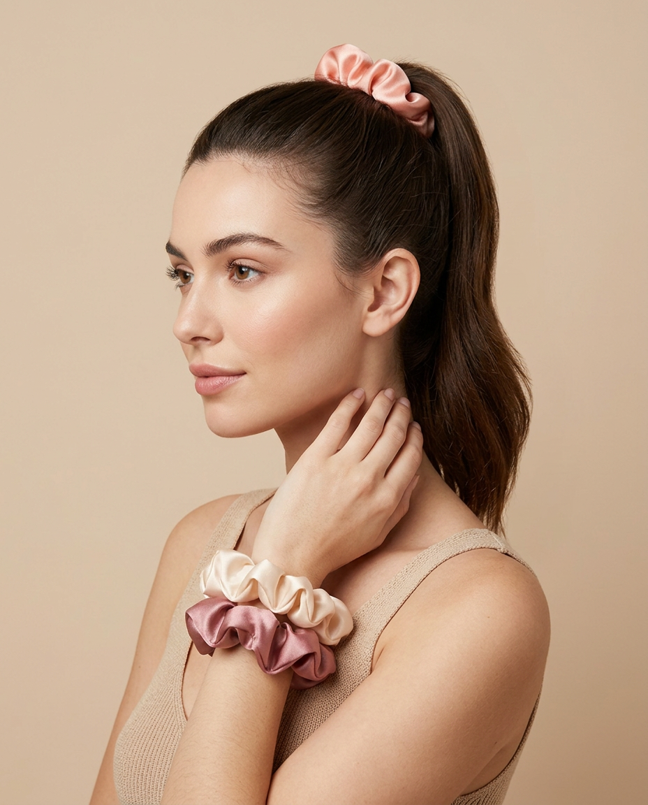 Model wearing silk scrunchies