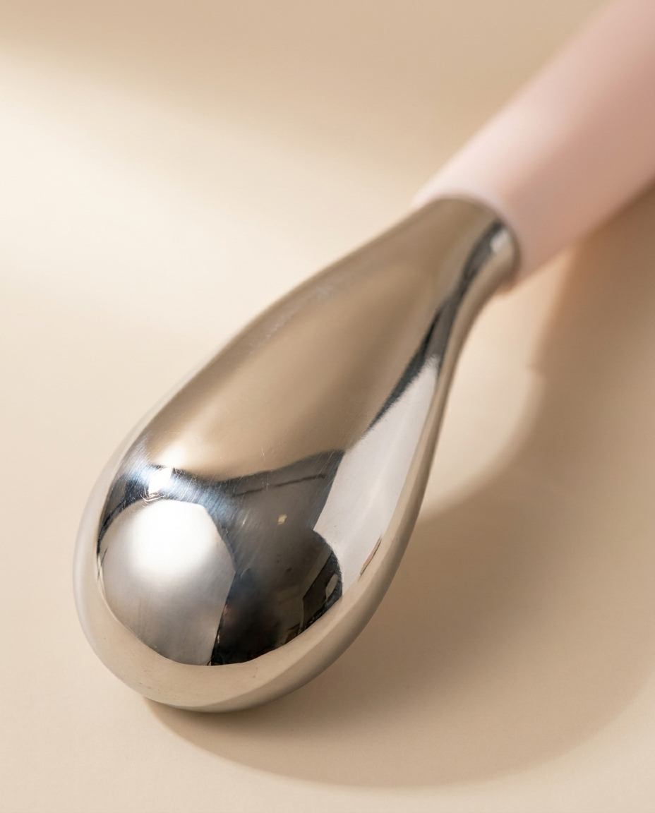 Close detail of the polished stainless steel globe head